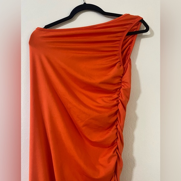 Orange One Shoulder Ruched Dress - Picture 3 of 5
